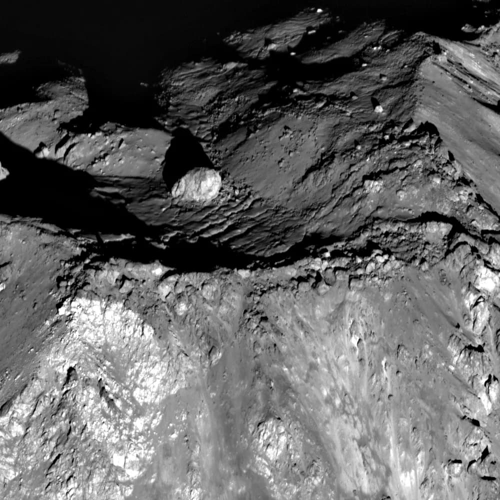 The central peak of a lunar crater, seen obliquely from orbit