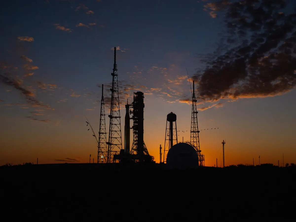 Artemis II stack on Launch Pad 39B at sunset